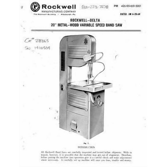 Instruction Manual ONLY for Delta Rockwell - 20" Metal-Wood Variable Speed Bandsaw Instructions REPRINT