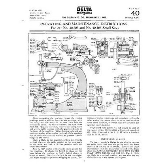 Delta Rockwell 24" No. 40-205 and No. 40-305 Scroll Saws Instructions REPRINT