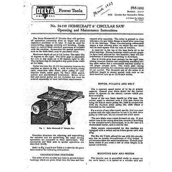 Delta Rockwell 34-110 Homecraft 8" Circular Saw Instruction Manual REPRINT