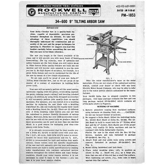 Instruction Manual ONLY for Delta Rockwell 34-600 9" Tilting Arbor Saw Instructions REPRINT
