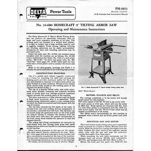 Delta Rockwell 34-600 Homecraft 9" Tilting Arbor Saw PM-1853 Instructions REPRINT