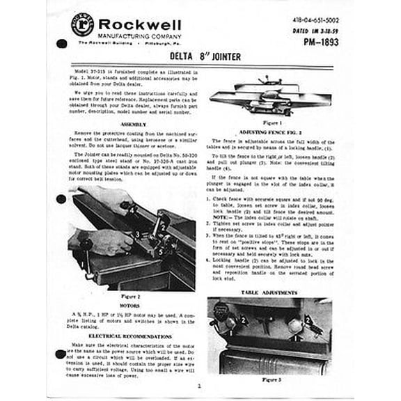 Instruction Manual ONLY for Delta Rockwell 8" Jointer Instructions REPRINT