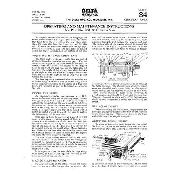 Delta Rockwell 860 8" Circular Saw - Operating and Maintenance Instructions REPRINT