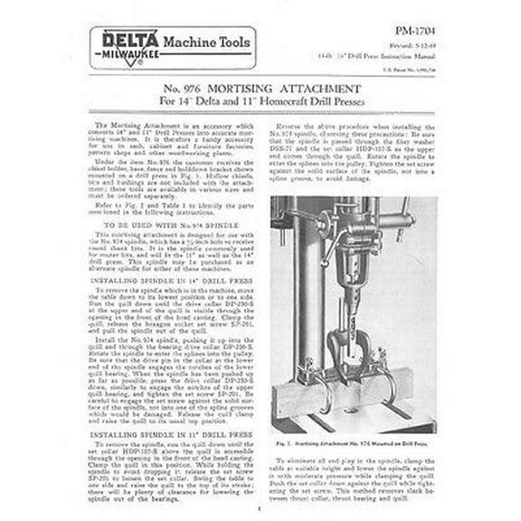 Delta Rockwell 976 Mortising Attachment 14" 11" Homecraft Drill Presses REPRINT