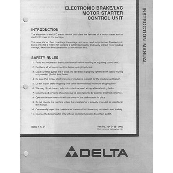 Delta Rockwell Electronic Brake/LVC Motor Starter Control Unit Instructions REPRINT