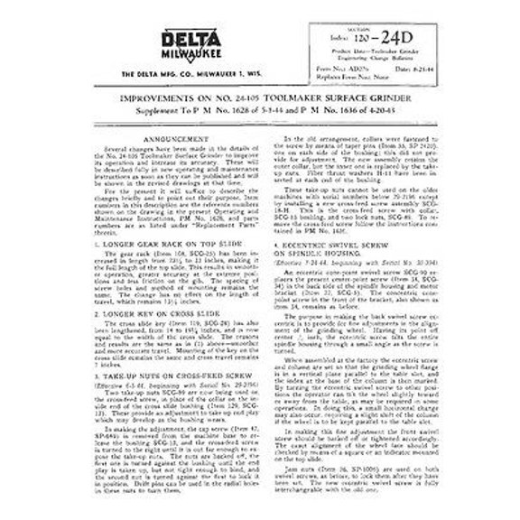 Delta Rockwell Improvements on No. 24-105 Toolmaker Surface Grinder Instructions REPRINT