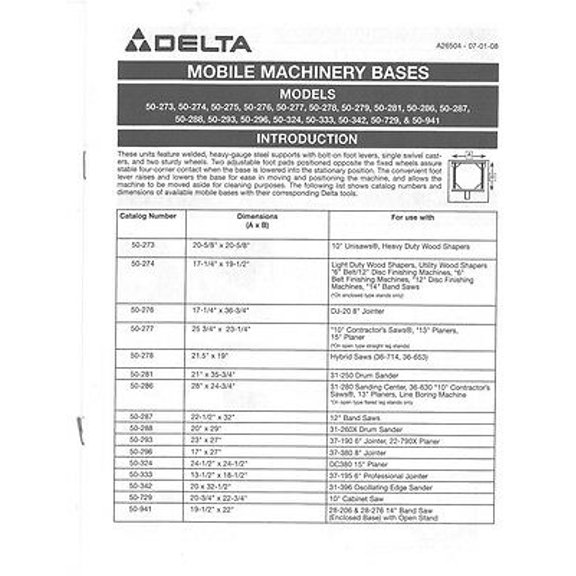 Instruction Manual ONLY for Delta Rockwell Mobile Machinery Bases Instructions REPRINT