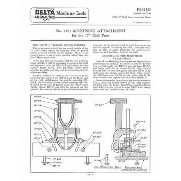 Delta Rockwell No. 1381 Mortising Attachment for the 17" Drill Press REPRINT