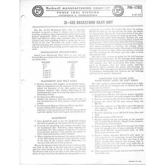 Delta Rockwell No. 31-425 Backstand Idler Unit PM-1780 Instructions REPRINT