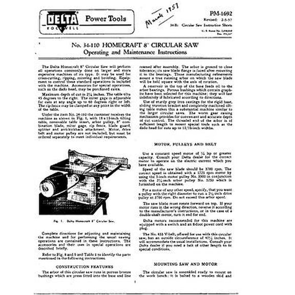 Delta Rockwell No 34-110 8 Inch Homecraft Circular Saw Instructions REPRINT