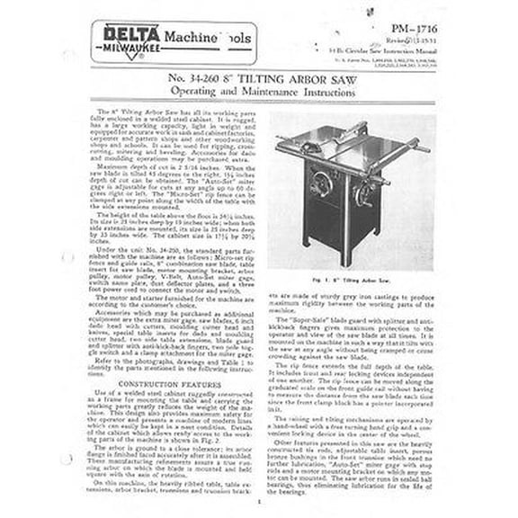 Delta Rockwell No. 34-260 8" Tilting Arbor Saw Instructions REPRINT