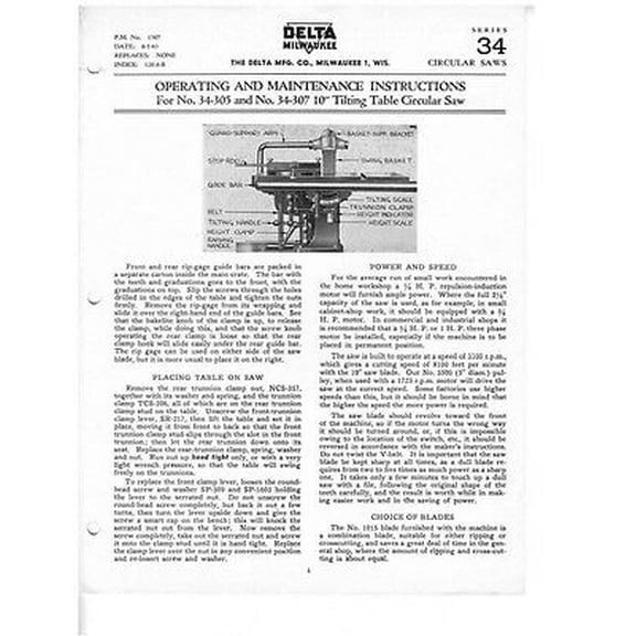 Delta Rockwell No. 34-305 & 34-307 10" Tilting Table Circular Saw Instructions REPRINT