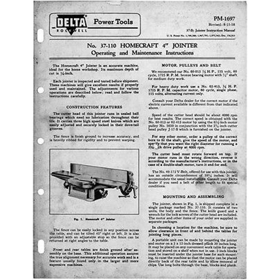 Delta Rockwell No. 37-110 Homecraft 4" Jointer Operating/MaintenancInstructions REPRINT