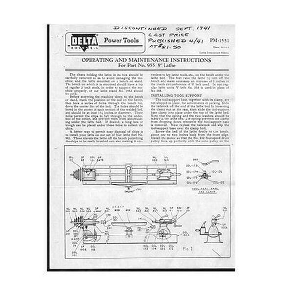 Delta Rockwell No. 955 9" Lathe - Operating and Maintenance Instructions REPRINT