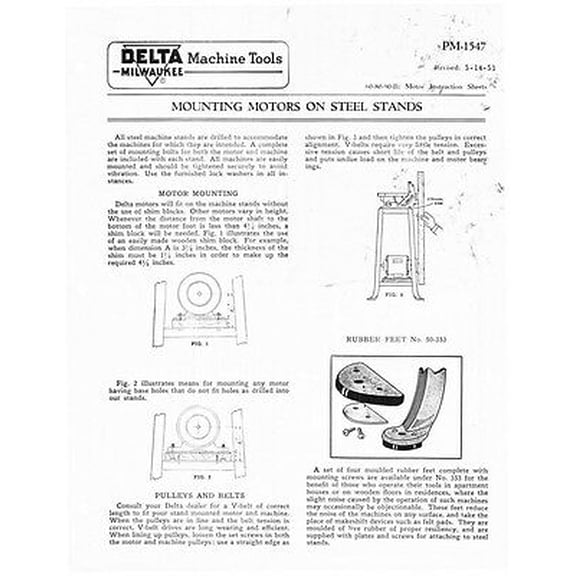 Delta Rockwell PM-1547 Mounting Motors On Steel Stands Instructions REPRINT