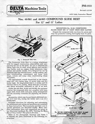 Compound Side Rest Delta Rockwell PM1533 Nos. 46961 46965 Compound Slide Rest 12