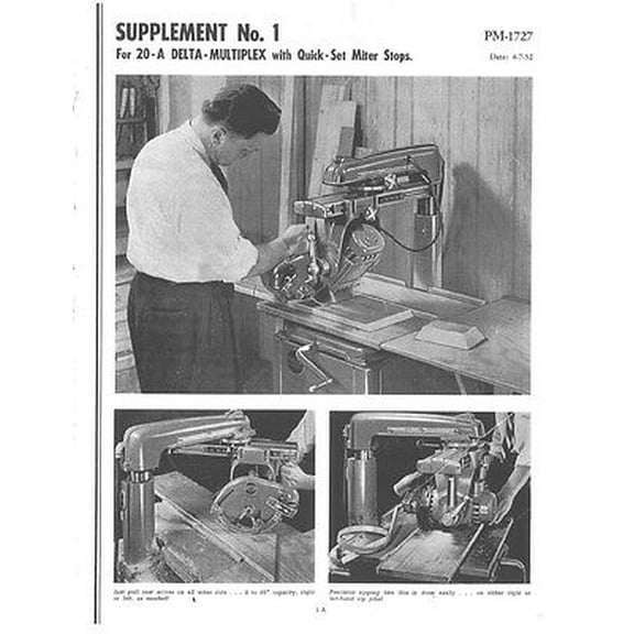 Delta Rockwell Supplement 1 20A Multiplex with QuickSet Miter Stops Instructions REPRINT
