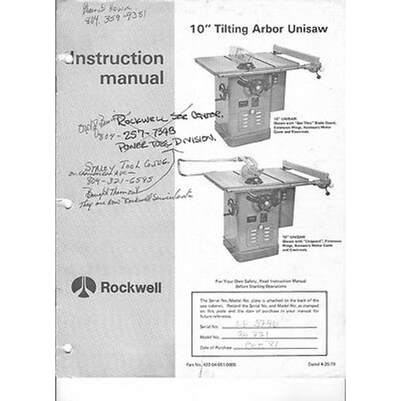 Delta Rockwell Unisaw Model 34 771 Instruction Manual Instructions REPRINT