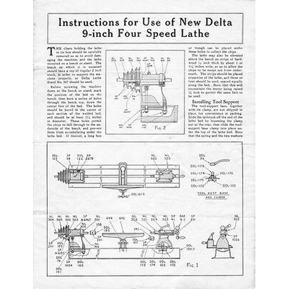 Delta Rockwell for Use of New 9-Inch Four Speed Lathe Instructions REPRINT