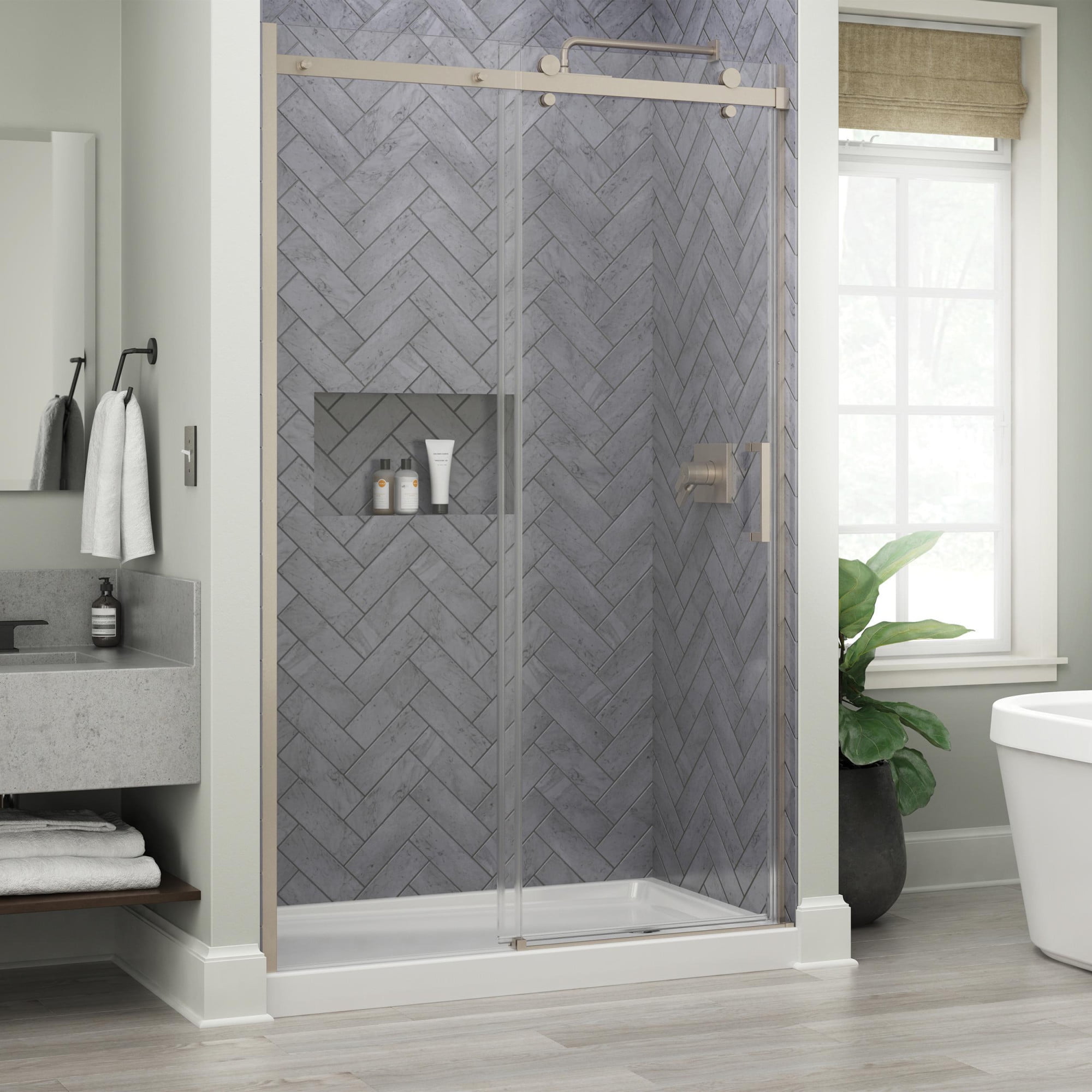 Delta 76" High x 48" Wide Frameless Nickel Sliding Shower Door