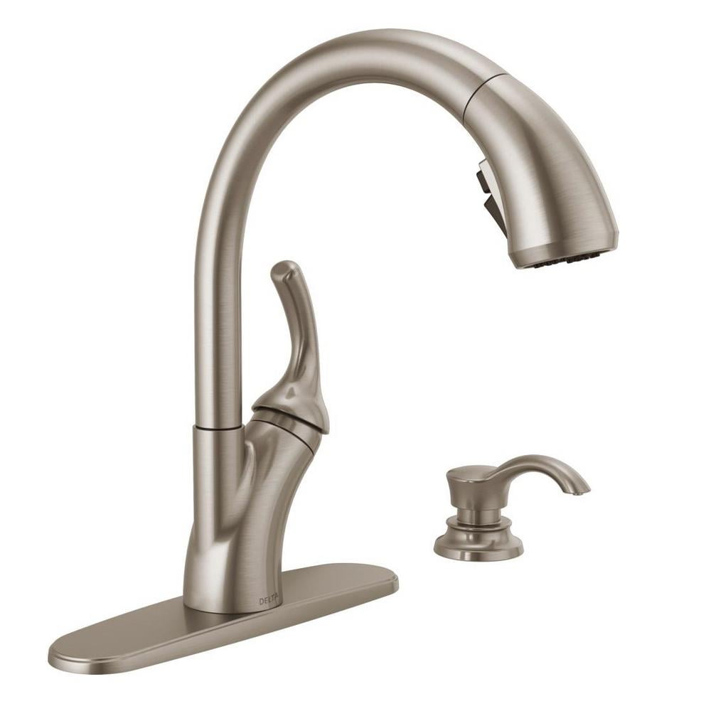 Shiloh Single Handle Pull-Out Kitchen Faucet with Soap Dispenser and ShieldSpray® Technology in Spotshield Stainless