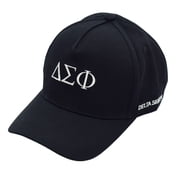 Delta Sigma Phi Fraternity Baseball Cap - Brushed Cotton 5-Panel Black Hat, Adjustable Size, Embroidered Greek Letters and Fraternity Name in Print