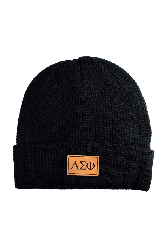 Delta Sigma Phi Fraternity Hat, Black Winter Beanie Hat with Greek Letters Patch