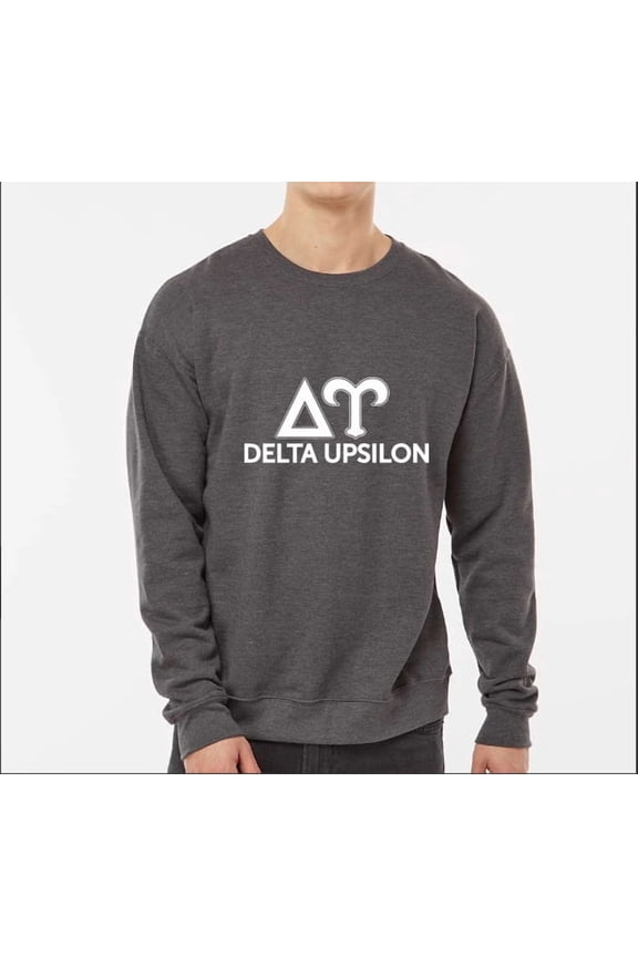 Delta Upsilon Sweatshirt, Crewneck Sweatshirt with Varsity Greek Letters Design - Size Medium