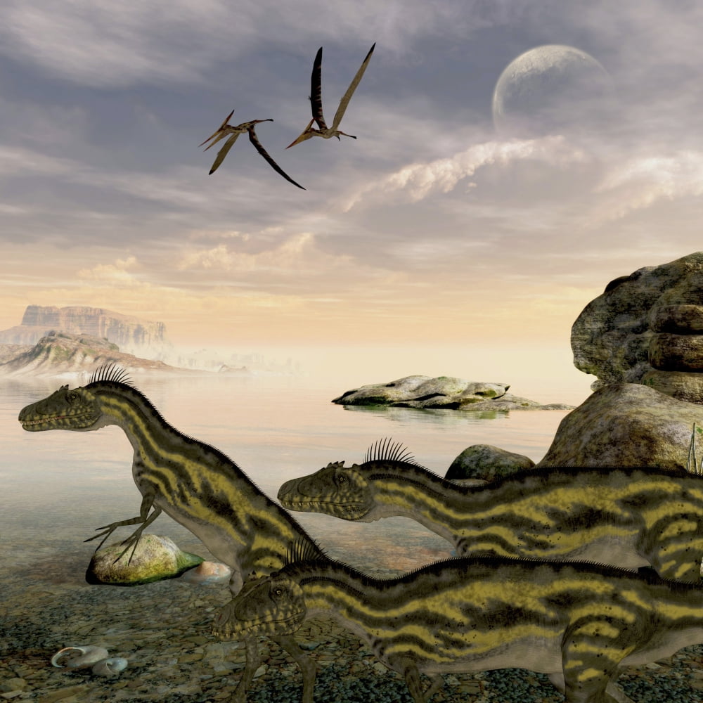 Deltadromeus dinosaurs search the shoreline for food to eat Canvas Art - Corey FordStocktrek Images (28 x 28)