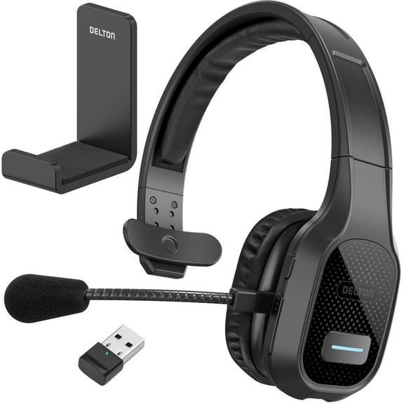 Delton 20X Wireless Computer Headset with USB Dongle and Headset Hook, Trucker Bluetooth Headphone with Noise Canceling Mic, Mono Headset for PC, Laptop, Drivers, Office - Black