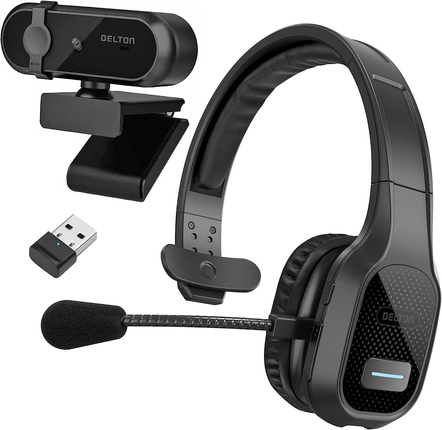 Delton 20X Wireless Headset with 1080p HD USB Webcam, Trucker Bluetooth Computer headset with Noise Canceling Mic, Compatible with PC, Laptop, Cell Phone, Drivers, Office - Black