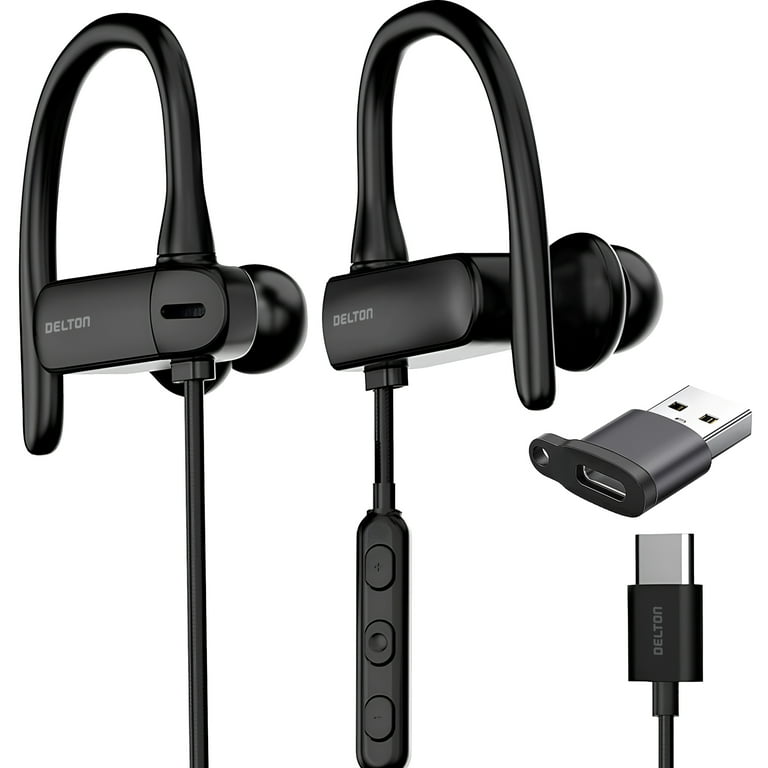 Delton 24EC Wired Earbuds with Microphone Ergonomic In Ear Design with USB C to USB A Adapter Hi Fi Stereo Sound USB C wired earbuds for PC Laptops Tablets iMac Smartphones Black Walmart