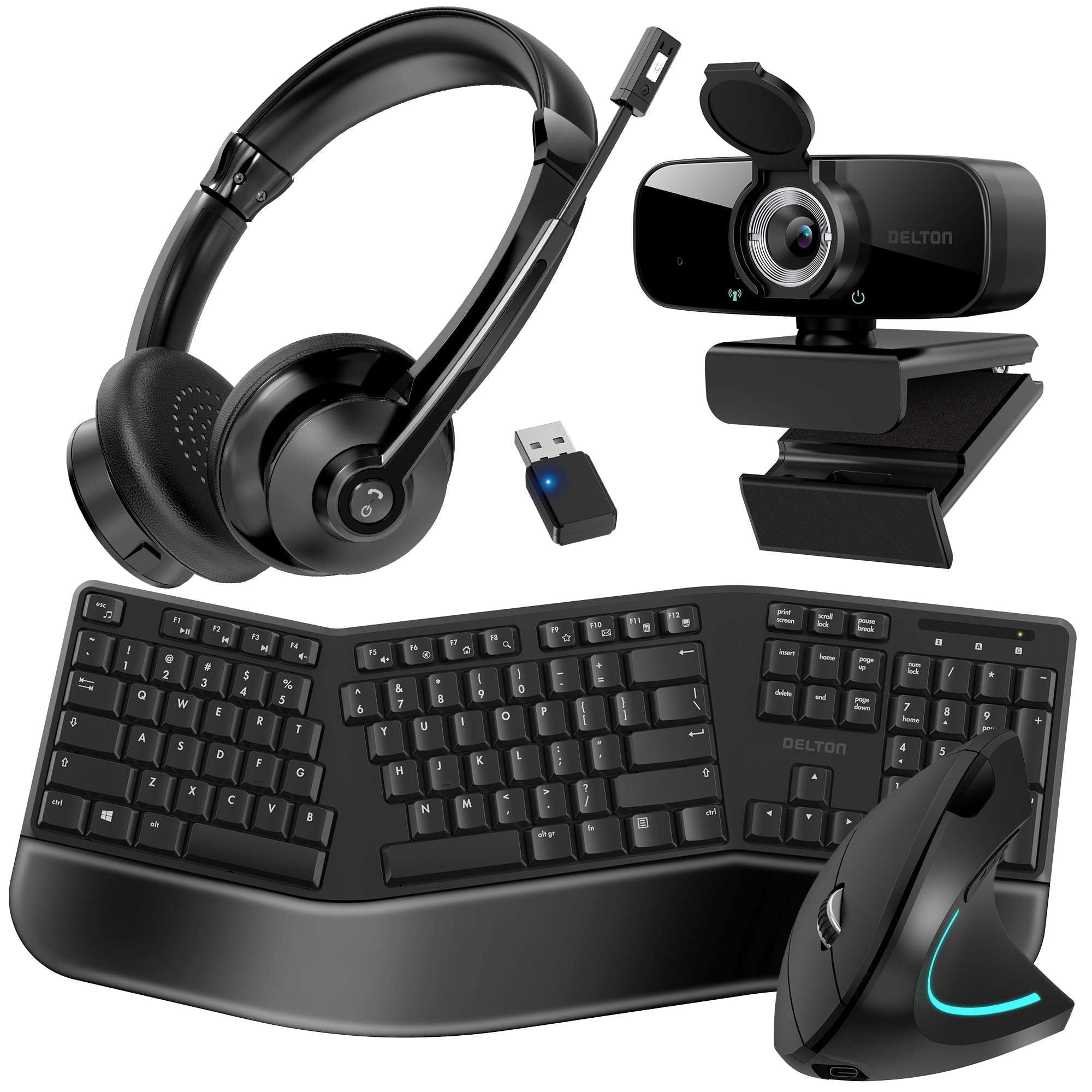 Delton 30X 4 Pieces Bundle, Wireless Keyboard Mouse with USB Dongle, Wireless Bluetooth Headset with Noise Canceling Mic, 1080p USB Webcam with Universal Mounting Clip for Laptop, PC - Black