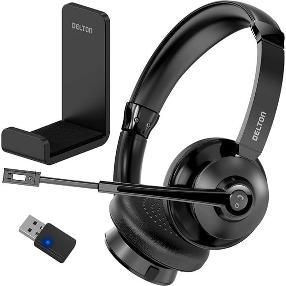 Delton 30X Bluetooth Computer Headset with Noise Canceling Mic, HiFi Stereo Sound, Headset Stand & Auto Pair USB Dongle for PC, Laptop, MacBook & Compatible with MS Team, Google Meet and More - Black