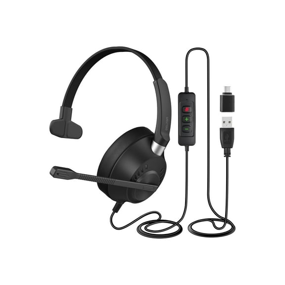 Delton 40Y Noise Canceling Headset with Mic, Wired Computer Headset, Mono Computer Headset with USB-A To USB-C Adapter, Headphone with Microphone for PC/Laptop - Black