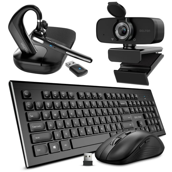 Delton 4PC Ergonomic Kit, Bluetooth Earpiece with Noise Cancelling Microphone, 1080p Webcam, Wireless Ergonomic Keyboard and Vertical Mouse with Auto Pair USB Dongle for PC/Laptop/Mac/Phones - Black