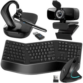 Delton 4PCS Ergonomic Remote Worker Kit, Wireless Bluetooth Headset, Executive Earpiece with Noise Cancelling Mic, 1080P Webcam, Wireless Keyboard and Vertical Mouse for PC/Laptop/Mac/Phones - Black