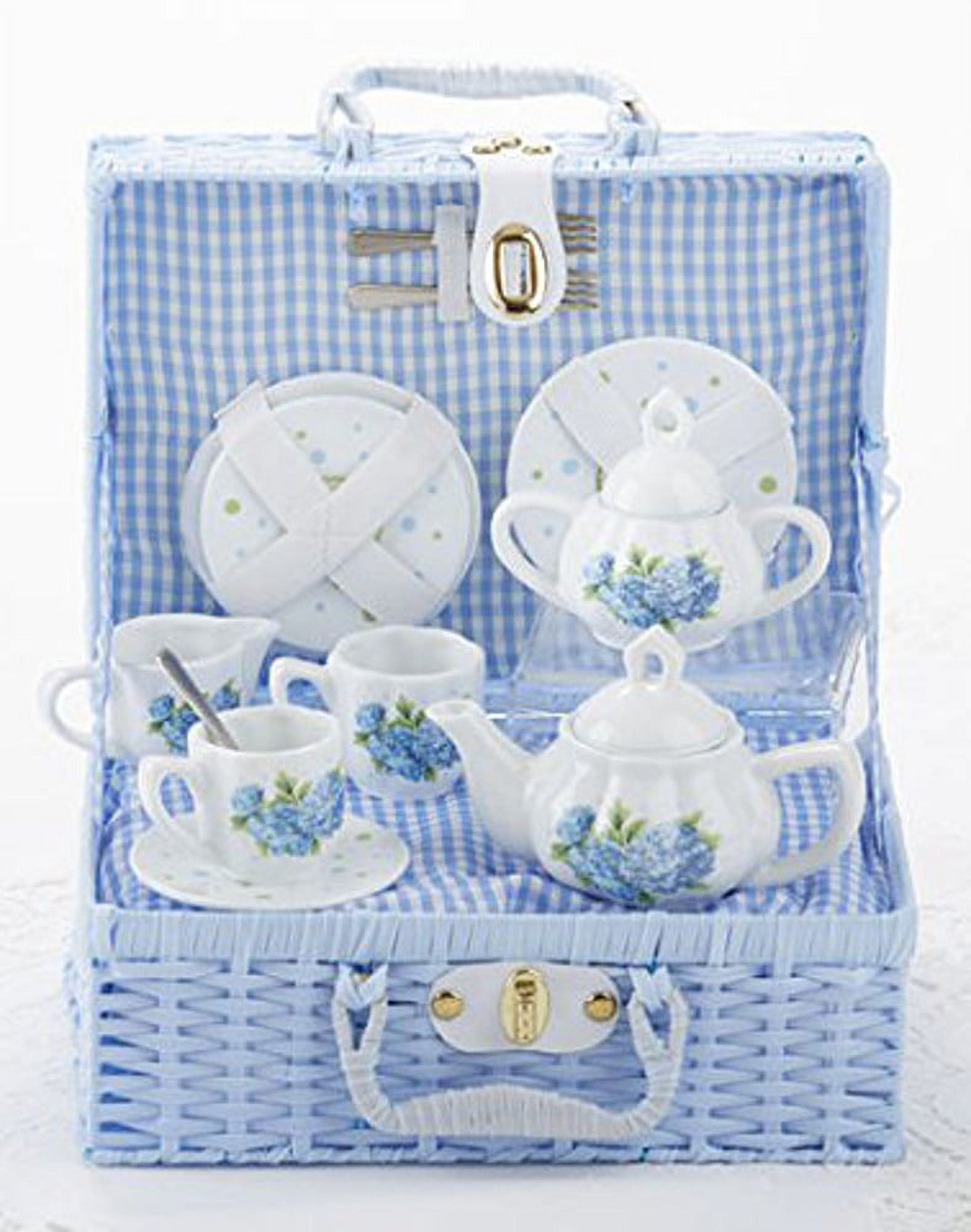 Delton Child's Porcelain Tea Set for 2 in Wicker Basket Hydrangea