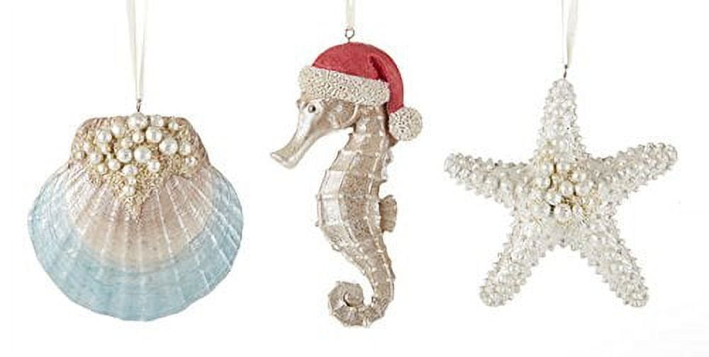 Coastal Resin Starfish Seahorse Clam Shell Christmas Ornaments Set