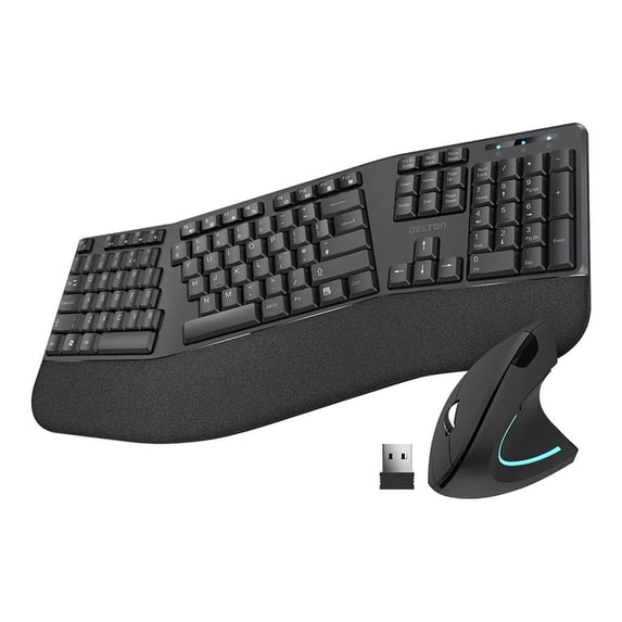 Delton G12 Ergonomic Wireless Wrist Rest Keyboard and Vertical Mouse with USB Dongle for Computer, Laptop - Black