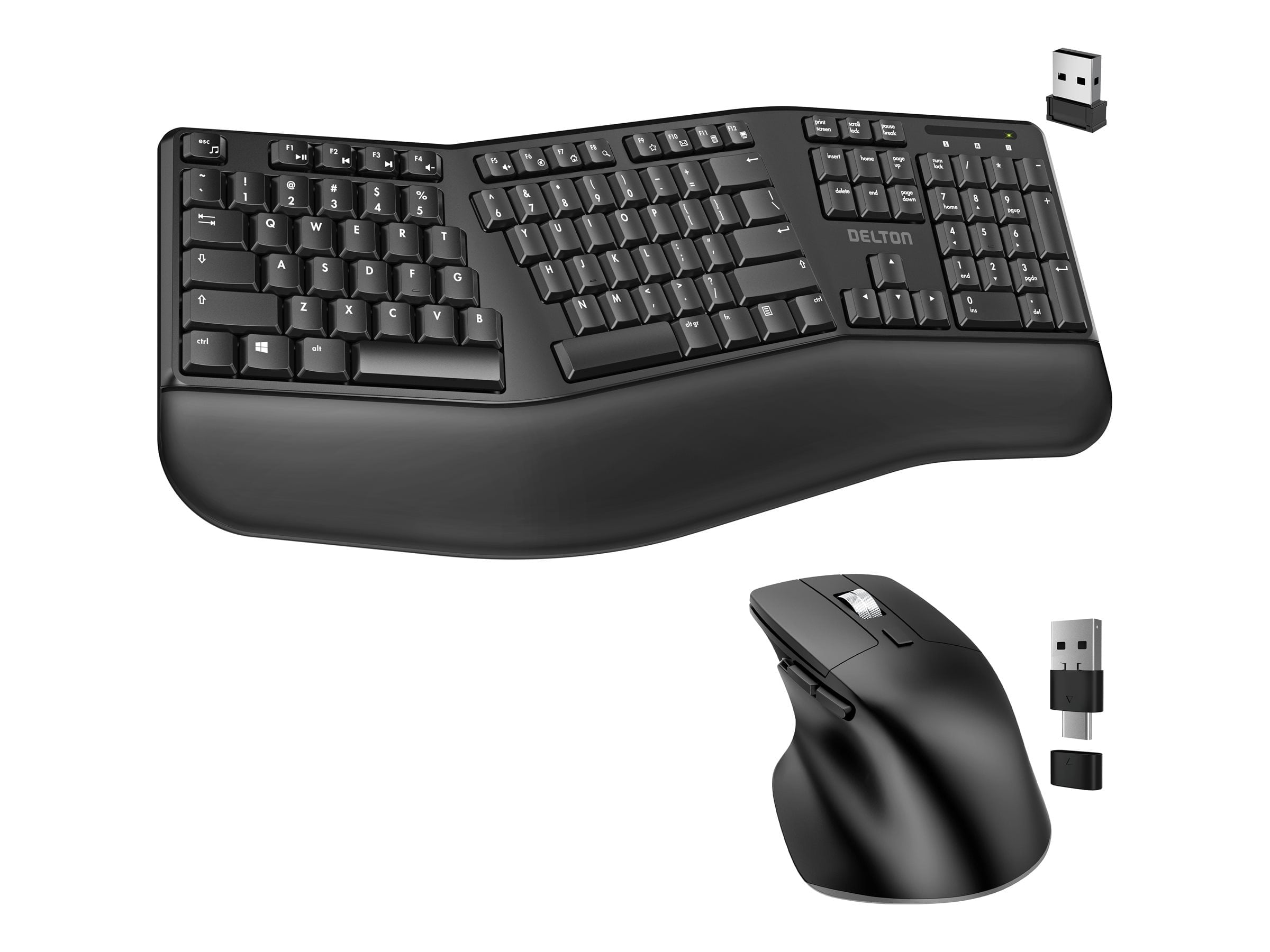Delton G18 Ergonomic Wireless Keyboard and Mouse, Split Keyboard With Wrist Support & Ergonomic USB Wireless Mouse, 2.4G Auto Pair USB Dongle for Computer, Laptop, Mac, Chromebook & Tablets - Black