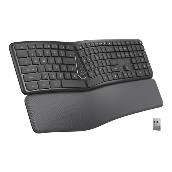 Delton KB250 Computer Ergonomic Wireless Keyboard with USB Dongle, Curved Keyboard with Wrist Pad, Natural Typing Full-Size Quiet Keyboard, Compatible for Laptop/PC/Tablets/Smartphone - Black