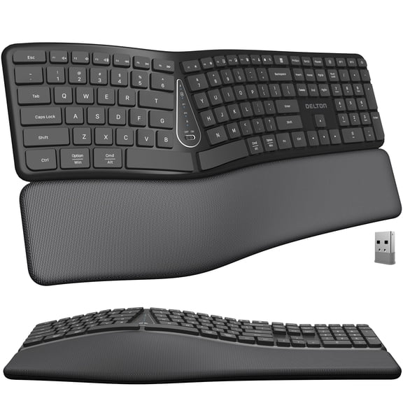 Delton KB250 Ergonomic Wireless Keyboard with Cushioned Palm Rest, Natural Typing Full-Size Rechargeable Keyboard, Bluetooth & USB Connectivity, Compatible for Laptop/PC/Tablets/Smartphone - Black