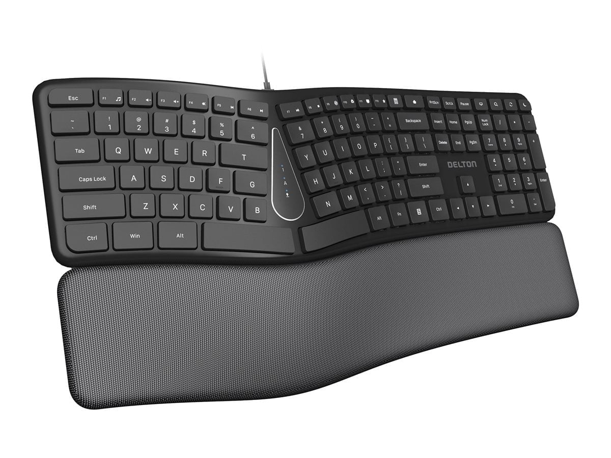 Delton KB250 Ergonomic Wired Keyboard, Curved Keyboard with Wrist and Palm Rest, Natural Typing Full-Size Split Computer Keyboard, Compatible for Laptop/PC/Tablets/iMac - Black