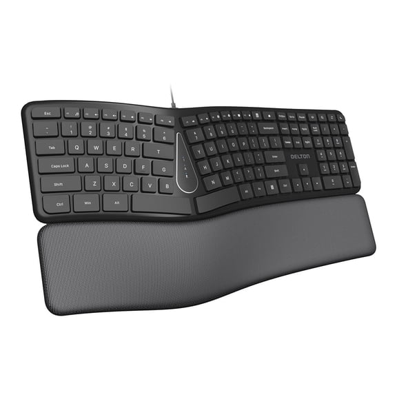 Delton KB250 Ergonomic Wired Keyboard, Curved Keyboard with Wrist and Palm Rest, Natural Typing Full-Size Split Computer Keyboard, Compatible for Laptop/PC/Tablets/iMac - Black