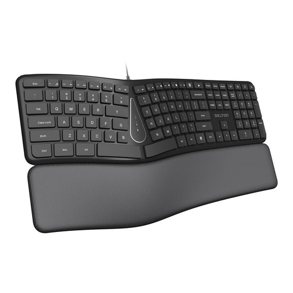 Delton KB250 Ergonomic Wired Keyboard, Curved Keyboard with Wrist and Palm Rest, Natural Typing Full-Size Split Computer Keyboard, Compatible for Laptop/PC/Tablets/iMac - Black
