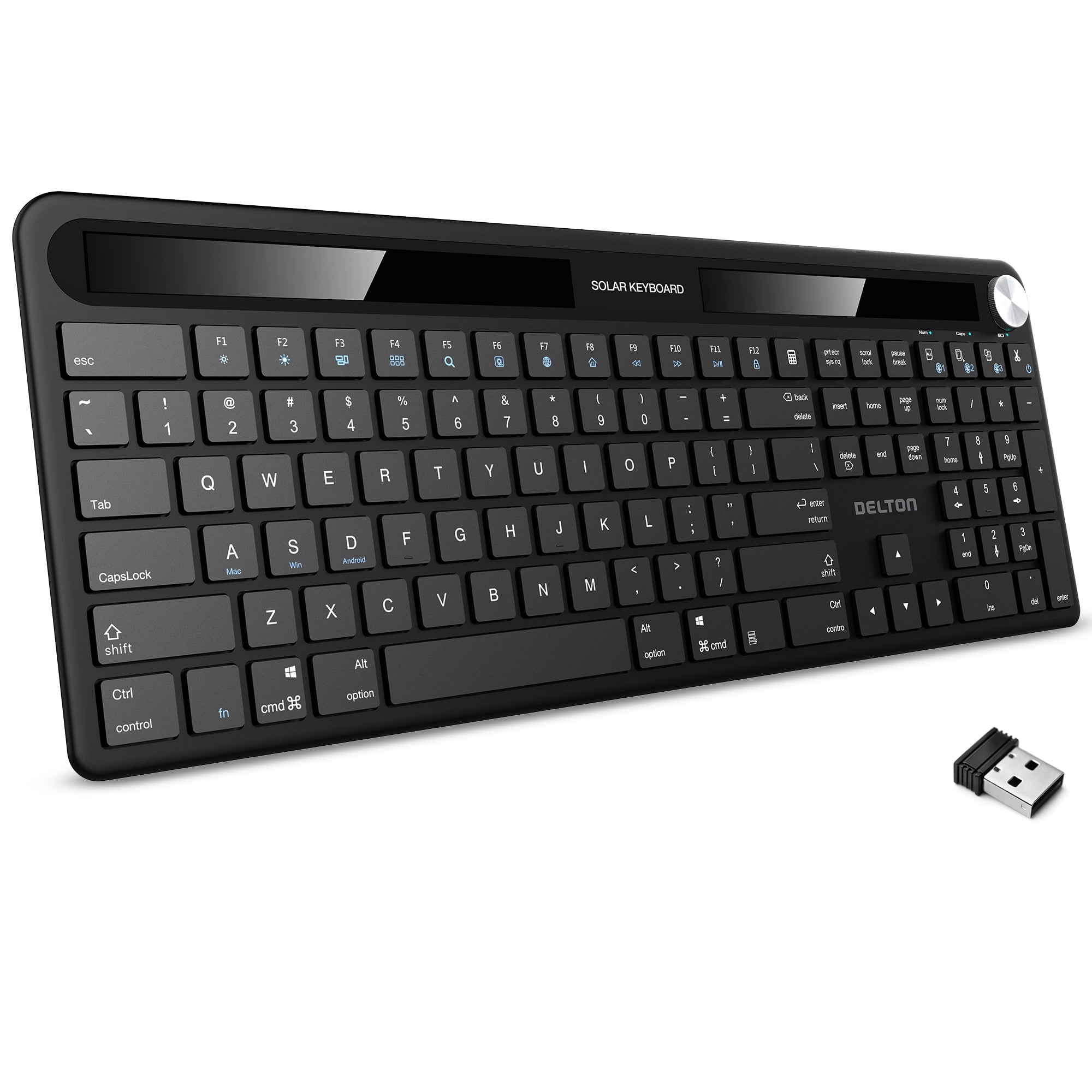 Delton KB90 Wireless Solar Rechargeable Keyboard, Bluetooth Keyboard for Computer/Desktop/PC/Laptop/Windows - Black