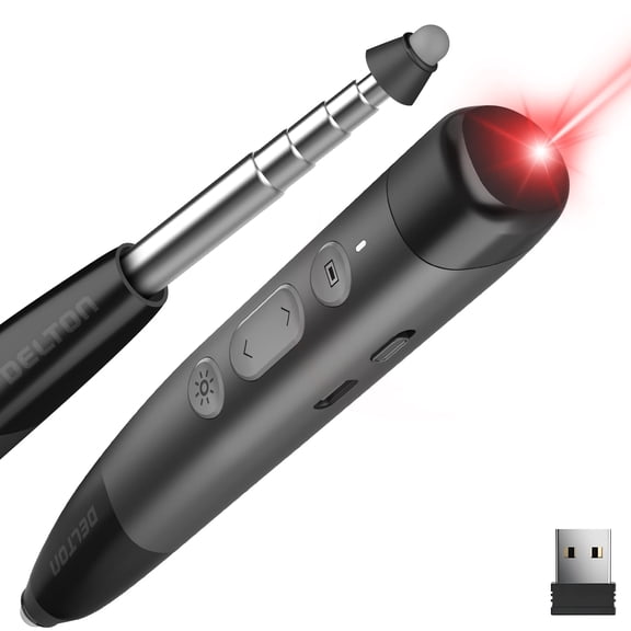Delton LP99 Presentation Clicker with Stylus Pen for Touch Screen, Clicker for PowerPoint Presentations, Laser Pointer Clicker Presentation Remote - Black