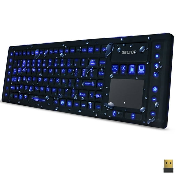 Delton M90 Wireless Computer Keyboard with Touchpad, 109 Standard Keys, IP65 Water-Resistant Silicone Keyboard for PC, Laptop and Tablet, Black