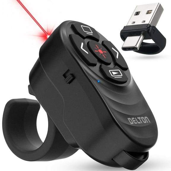 Delton P48 Wireless Finger Ring Laser Pointer, 360 Remote Control, Rechargeable Battery, USB/USB-C Receiver, presentation clicker, Compatible for OS: Windows, Mac OS, Linux, Android, Black